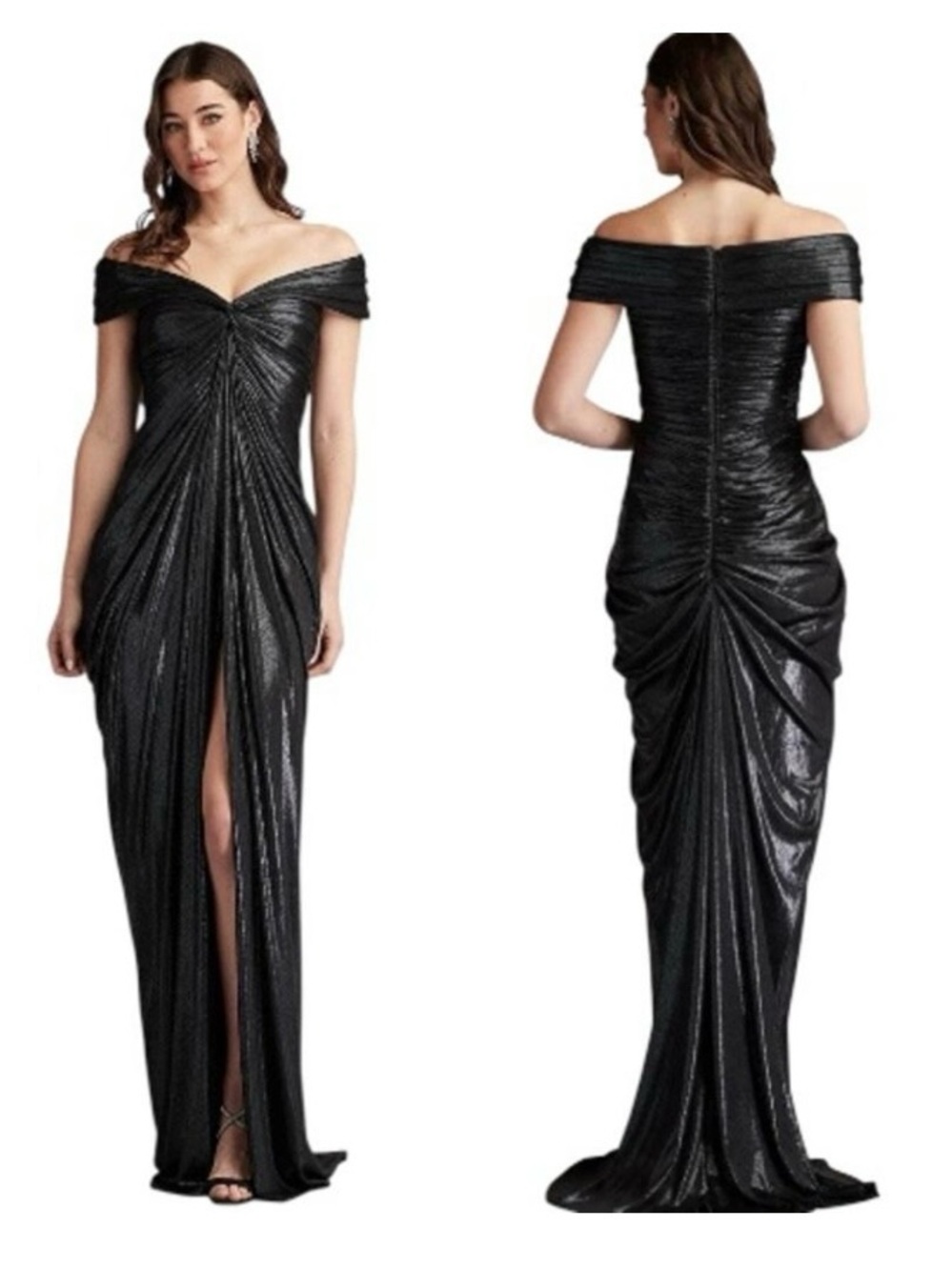 Tadashi Shoji Off Shoulder Metallic Evening Gown Black Dress Women’s L NWT $495